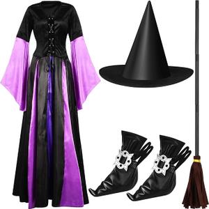 Liitrsh Women Witch Costume Set Sorceress Classic Dress with Witch Hat, Broom,shoe Covers Halloween Dress up, M