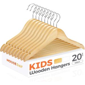 HOUSE DAY Wooden Baby Hangers for Closet 20 Pack, Kids Wooden Hangers for Baby Clothes, Heavy Duty Wood Toddler Coat Hanger with Non Slip Pant Bar, 360 Swivel Hook, Shoulder Notches, Natural