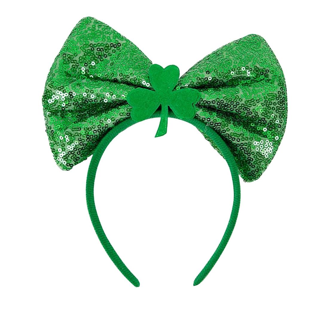 4 x St. Patrick's Day Shamrock Bow Headband for Women Girls Glitter Green Clover Leaf Headband Hair Band Irish Saint Patrick Party Festival Parade Accessories (Green)