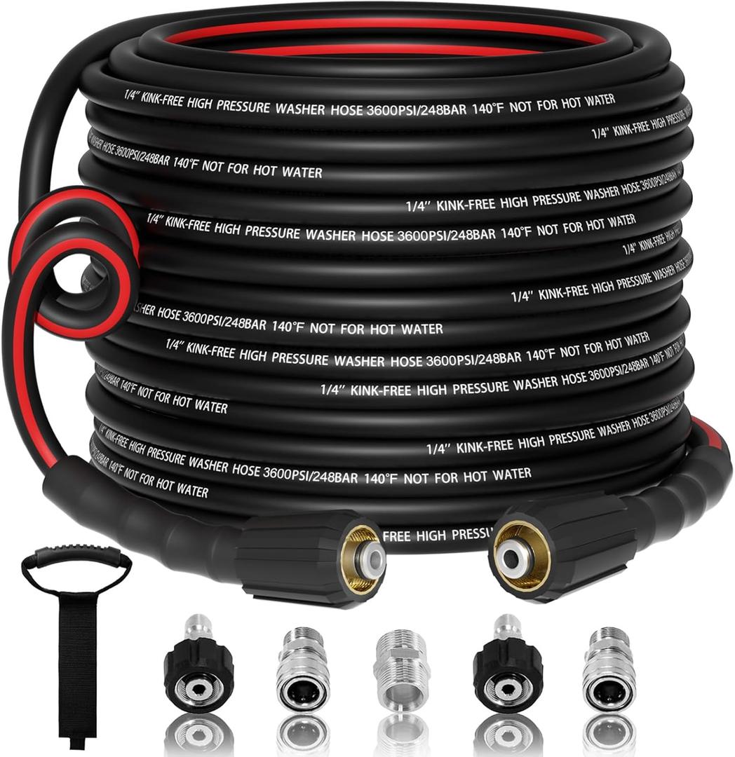 Flexible 1/4" Pressure Washer Hose 100FT,3600PSI Kink Resistant Power Washer Replacement Hose with Leak-Free M22-14mm&3/8" Quick Connect Kit,Used for Extension