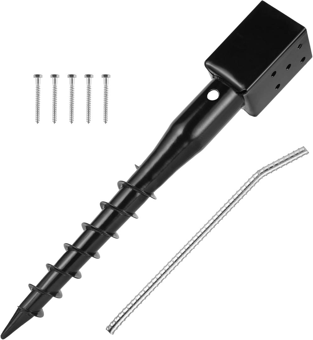 No Dig Ground Screw Anchor - Black Post Stake for 4x4 Wood Posts, Includes Lag Bolts & 27" Rebar, for Mailbox Posts and Fence Posts Anchor, 1 Pack