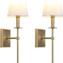 PERMO Set of 2 Classic Rustic Industrial Wall Sconce Lighting Fixture with Flared White Textile Lamp Shade and Antique Brass Tapered Column Stand, Hardwired, E26 Base