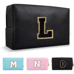 Personalized Initial A-Z Preppy Patch Makeup Bag,Small PU Chenille Letter Cosmetic Bag with Zipper for Teen Girls,Black Cute Toiletry Organizer Bag,Monogram Makeup Case Gift for Women Girls,Letter L