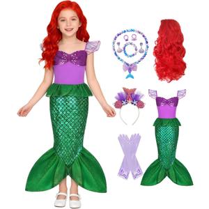 Ariel Mermaid Costume for Girls Kids Princess Dress with Wig Necklace Accessories Set for Halloween Costume Birthday (130 5-6 Years)