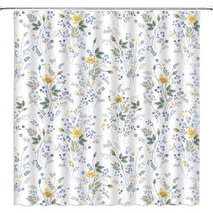 Floral Plant Shower Curtain Country Wildflower Vintage Garden Flowers Botanical Classic Boho Fabric Decorative Bathroom Curtains with Hooks,Blue Yellow Green (70"W x 70"L (Pack of 1))