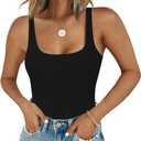 Chunpin Women's Square Neck Tank Bodysuit Sleeveless Tank Top Double Lined Body Suit Going Out Outfits Thong Bodysuits (Black, S)