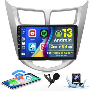Roinvou 2+64G Android 13 CarPlay Stereo for 2010-2016 Hyundai Verna Accent Solaris, Wireless CarPlay Radio with Android Auto, 9'' Touch Screen in-Dash GPS Navigation Support Mirror Link BT HiFi WiFi