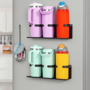 2 Pack Magnetic Cup Holder for Stanley, 30 & 40 oz Tumbler Organizer with Handle, Strong Fridge & Wall Mount Water Bottle Organizer for Refrigerator, Gifts Ideal (6 Cups) (Black)