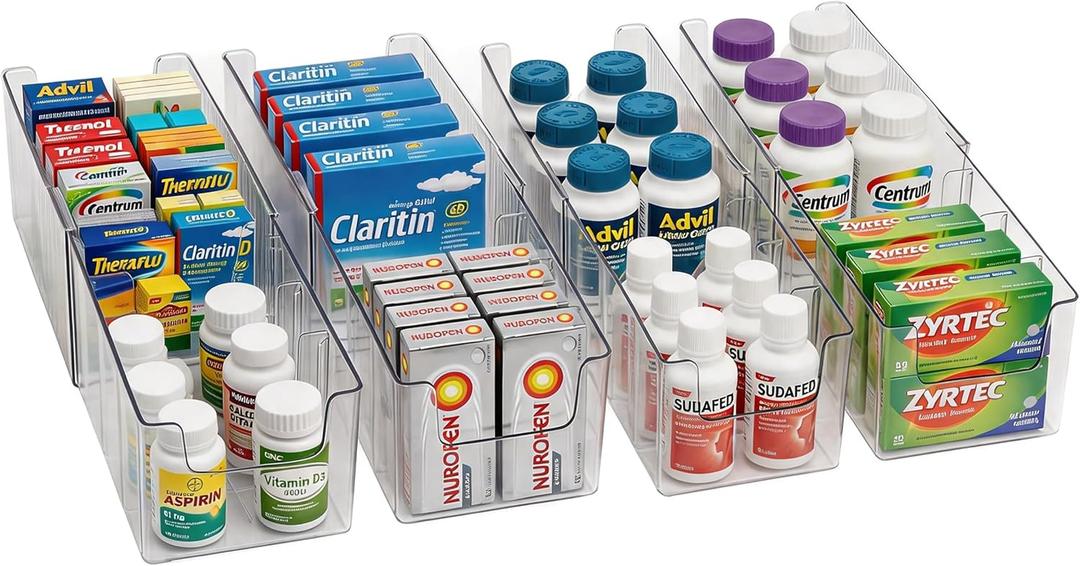 Expandable Medicine Cabinet Organizer 4 Pack, 5 Compartments Adjustable Clear Medicine Storage Box Bin with Removable Dividers, Vitamin Bottle Medication Organizer for Countertop Bathroom
