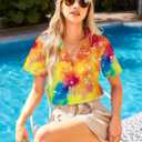 Women Hawaiian Shirt Soft Cool Summer Hawaii Tshirts Beach Tropic Print V Neck Button up Tops Floral Short Sleeve Tops (Medium, Tie Dye Yellow-2)