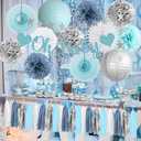 Dusty Blue Baby Shower Decorations Light Blue and White Baby Boy Shower Decorations Dusty Blue Silver Poms White Fans Lanterns with Oh Baby Banner Silver Tassel Garland for Boys