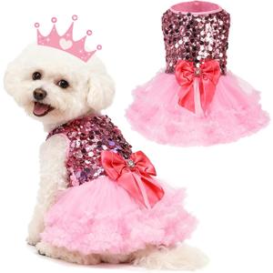 SCENEREAL Pink Dog Dress Princess Costume, Sparkly Tutu Dresses Bowknot Vest Funny Pet Halloween Costumes, Puppy Queen Outfit Christmas Birthday Clothes for Small Medium Girl Dogs Large Big Cats S