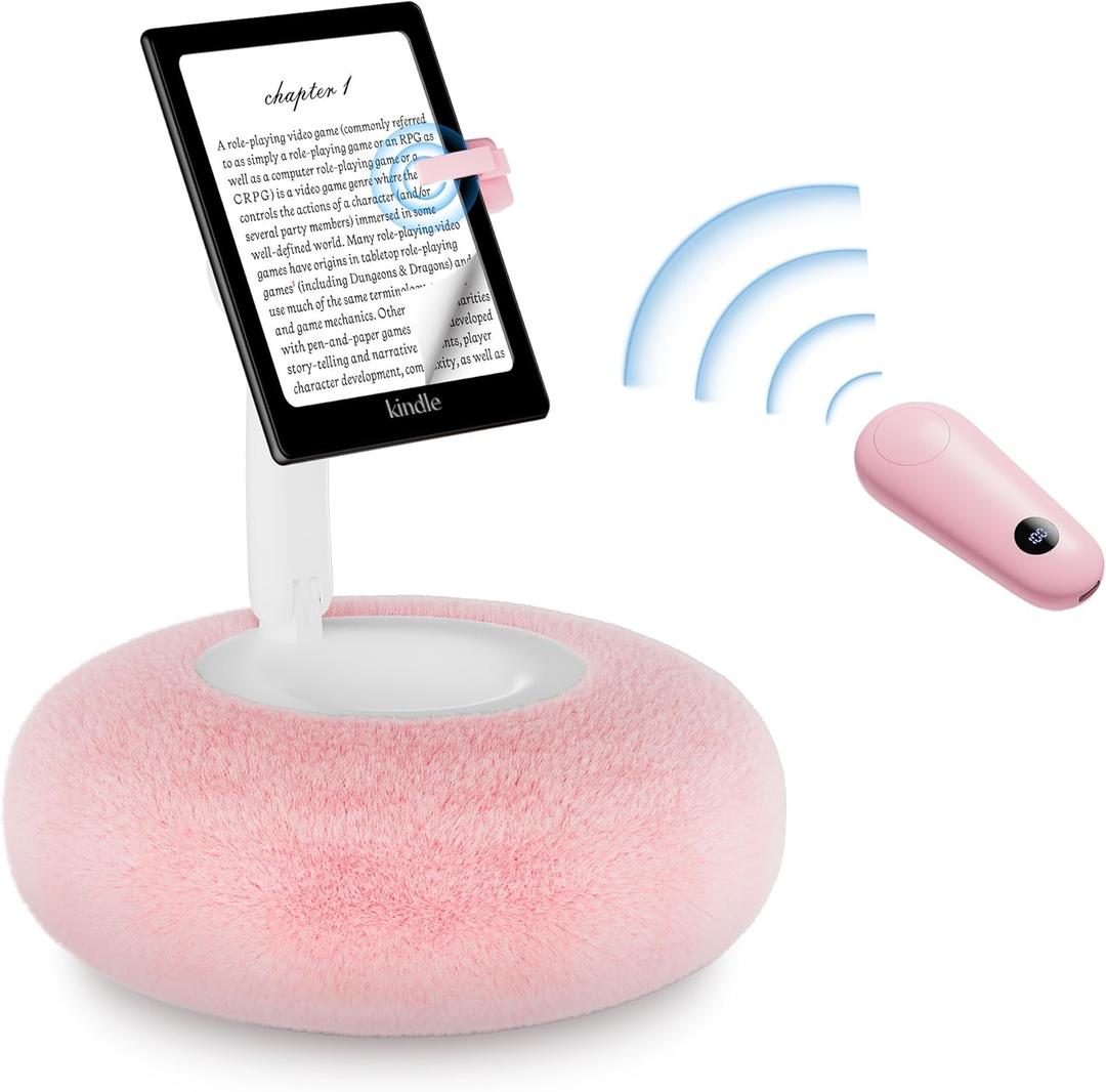 Magnetic Kindle Holder with Page Turner, Cozy Pillow Kindle Stand for Reading, 360 Adjustable Phone Holder for Bed, Small Bowl for Tablet Stand with Stable Suction Base (Pink)