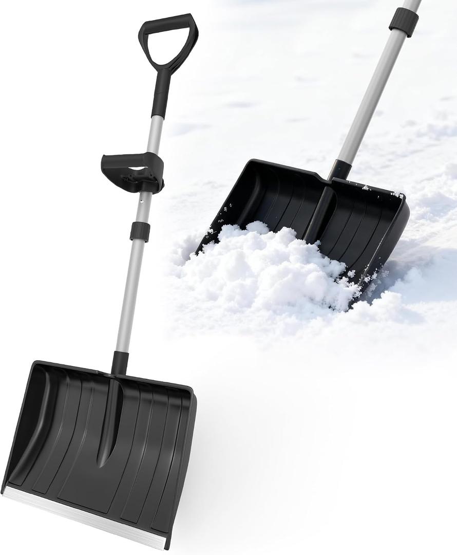 Snow Shovel for Driveway Home Garage Snow Removal, 16-Inch Wide Snow Shovel with Aluminum Wear-Resistant Strip, Large Capacity Shovel for Garden Car Camping Outdoor