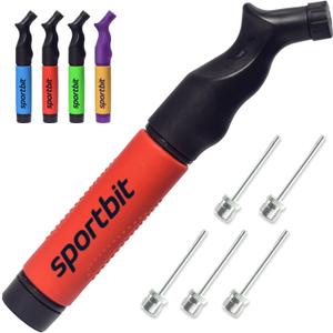 SPORTBIT Ball Pump for Sports Balls - Push & Pull Inflating System - Hand Pump for All Exercise Balls - Volleyball Pump, Basketball Inflator, Football & Soccer Ball Air Pump - Goes with 5 Needles Set (Red)