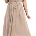 Womens Plus Size Dress Wedding Guest Cocktail Pleated V Neck Faux Wrap V Neck Flowy A Line Midi Dresses with Belt (Beige)
