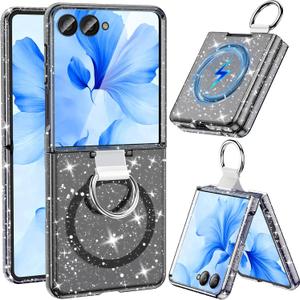 for Samsung Galaxy Z Flip 7 Case Magnetic, Z Flip7 with Rring, [Compatible with MagSafe] Military Drop Protection, Glitter Bling Sparkly Slim Fit Hard PC Rugged Case for ZFlip 7, Glitter Black