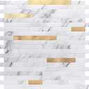 Art3d 10-Sheet Peel and Stick Stone Overlay Kitchen Backsplash Tile - Volakas White Embellished with Metal Gold (11.7" x 12")