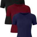 3 Pack Girls Short Sleeve Shirts Ribbed Knit Crew Neck Lace Trim Tops Slim Fit Casual Summer T-Shirts Tees for Kids