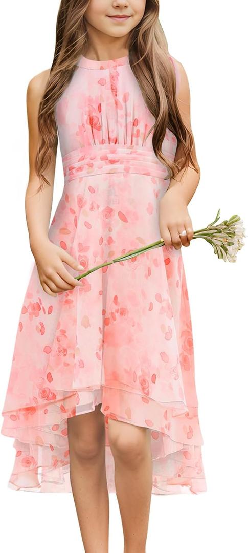 Chiffon Flowy Dresses Flower Girls Asymmetrical with Ruffles Sleveless Swing Party Gowns A-Line Dress (13-14 Years)