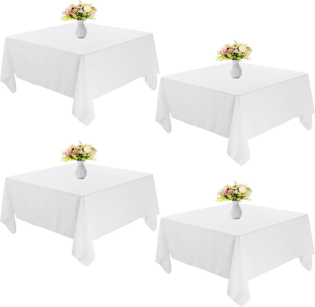 4 Pack Square Table Cloth 52x52 Inch White Tablecloth Machine Washable Fabric Polyester Table Cover for Dining, Buffet Parties, Picnic, Events, Weddings and Restaurants White