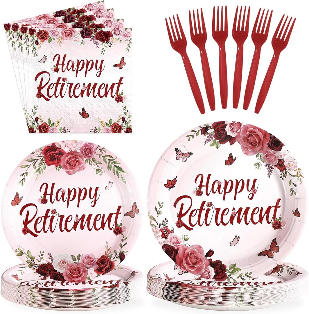 96Pcs Burgundy Retirement Party Decorations Burgundy Rose Floral Happy Retirement Plates and Napkins Tableware Set Flower Butterfly Retired Decoration for Women Goodbye Party Supplies Serves 24