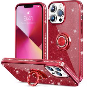 Thomo Compatible with iPhone 13 Pro Case, [Bling Kickstand] Cute Glitter Slim Bumper Diamond Cover Ring Holder Full-Body Protective Phone Case for iPhone 13 Pro Women Girls-WineRed