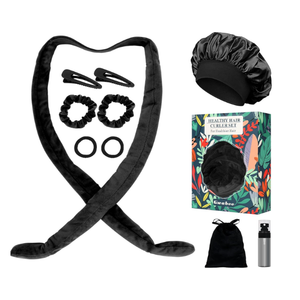 Gwabee No Heat Overnight Curl Headband Set for Women and Girls - Soft Satin Bonnet with Rollers Wrap for Long Hair Curls, 10 PCS Gift Box - Black