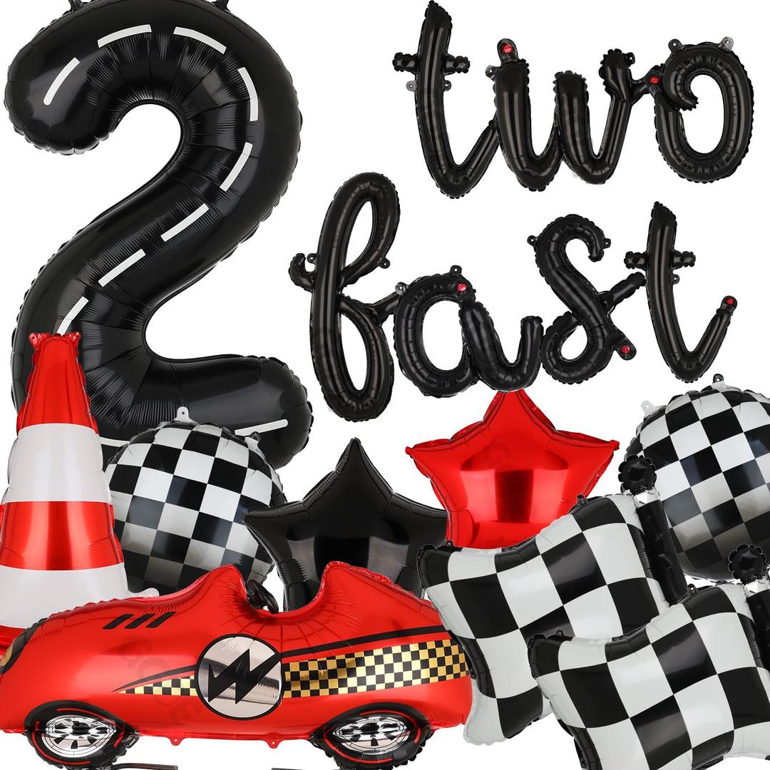 Two Fast Birthday Party 2nd Racing Vintage 40 Inch Racetrack Number Balloons 2 Black Two Fast Letter Banner Balloon Race Car Racing Theme Birthday Party Decor Set (Big)
