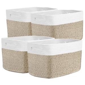 Storage Baskets for Organizing, 14 x 10 x 9” Closet Shelf Woven Baskets, Square Bins with Handles, Cotton Rope Basket for Clothes, Office, Room, White+Rice Brown 4 Pack