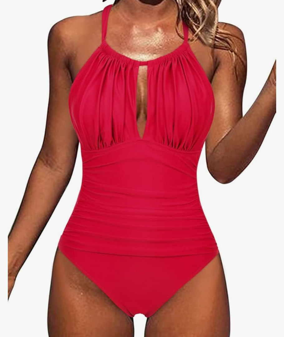 Women's Slimming One Piece Swimsuits Halter High Neck Tummy Control Bathing Suit Sexy Ruched Monokini Swimwear, Medium