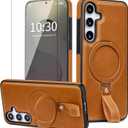for Samsung Galaxy S23 Case Leather with Stand, Anti-Slip Shockproof Loop, Compatible with MagSafe, Magnetic Protective Galaxy S23 Leather Case (Brown, S23-6.1inch)