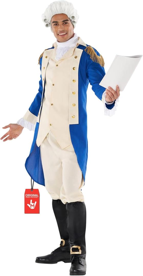 Morph George Washington Costume Adult With Wig, Founding Father Costume, Colonial Costumes Men, Halloween Costumes For Men (X-Large)