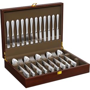 Walnut Silverware Storage Box,Silverware Flatware Case with Felt Lined,Silverware Chest without Silverware,Silverware Organizer with Lid,Flatware Storage Box for 12 sets of Utensils,Christmas Gifts