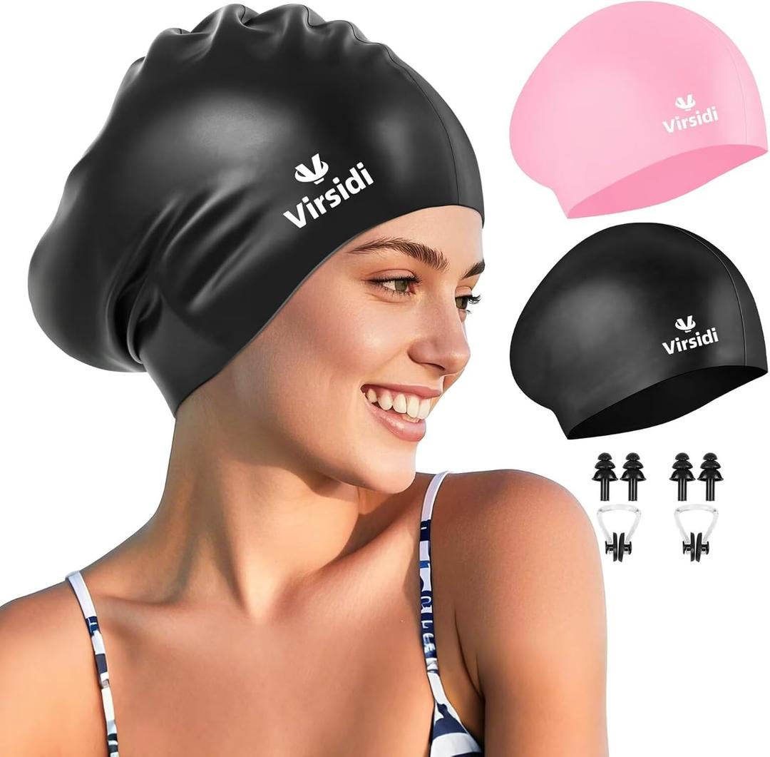 2 Pack Large Swim Caps for Long Hair, Silicone Swimming Cap for Adult Women Men, Waterproof Swim Hats Bathing Caps to Keep Hair Dry with Bonus Nose Clip and Earplugs (Black&Pink)