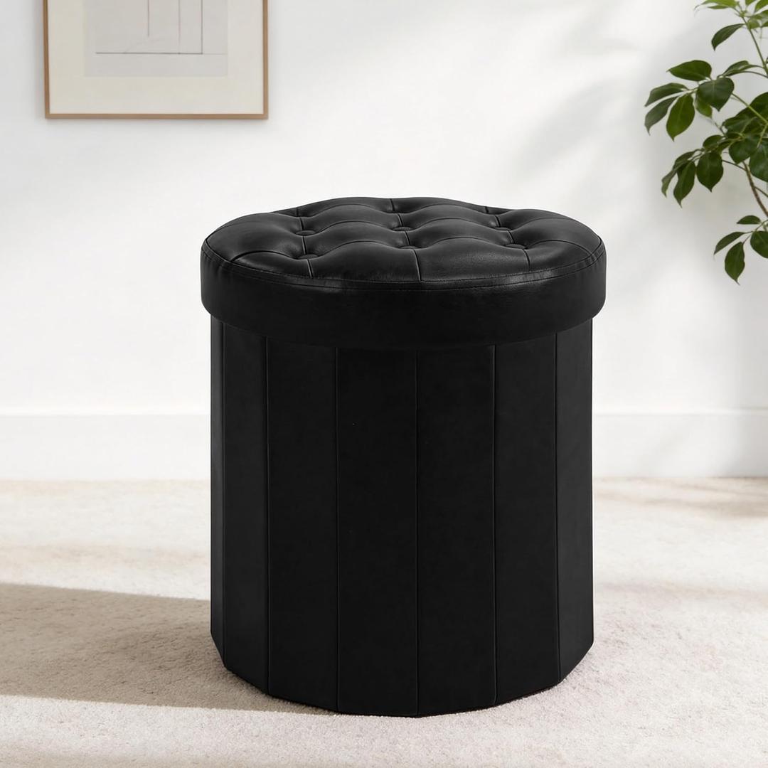 CAROLMADE Round Storage Ottoman, PU Leather Folding Footrest Stool with Thicker Foam Padded Seat, Versatile Vanity Stool for Living Room, Bedroom or Dorm, Black, 15"D x 15"W x 17.8"H