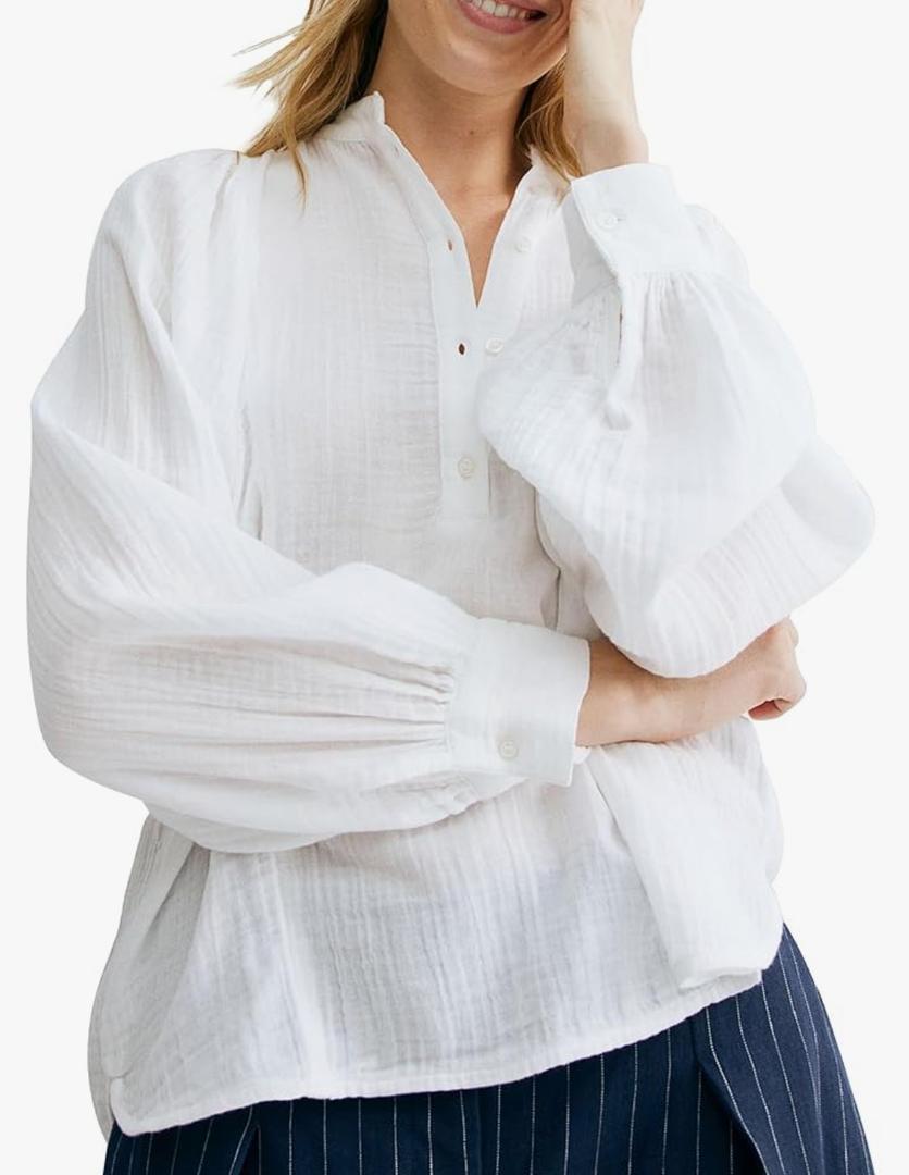 Womens White Ruffle Trim Muslin Blouse Long Raglan Balloon Sleeves Casual Button Tops, S