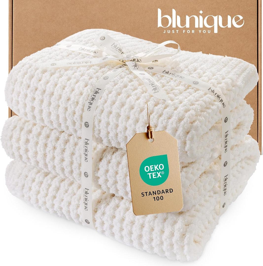 Waffle Knit Throw Blanket, Luxury Cozy Chunky Knit Throw Blanket for Couch, 50 x 60 Inch Thick Ultra-Soft Feather Yarn Knitted Blanket for Sofa, Bed, Home Decor - Off White