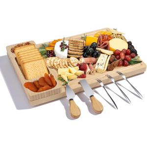 Premium Bamboo Cheese and Charcuterie Board Set - Large Wooden Serving Tray with Hidden Knife Storage, Cheese Knives & Forks - Perfect for Cheese, Meats, Fruits - Ideal Gift for Parties & Holidays