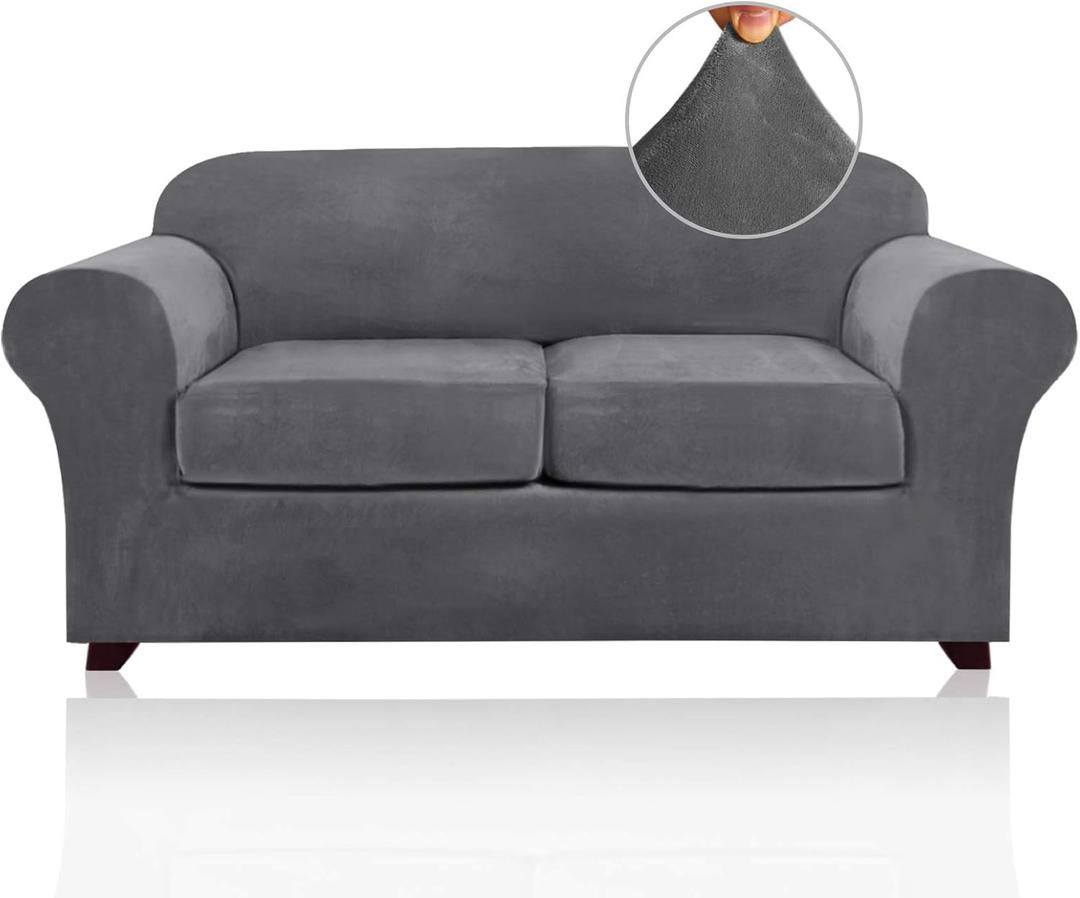 PrinceDeco Velvet Couch Cover Loveseat Covers for 2 Cushion Couch 3 Piece Sofa Covers for Dogs Washable Loveseat Covers Width Up to 72 Inch No Slip Stretch Sofa Slipcover(Medium, Grey)