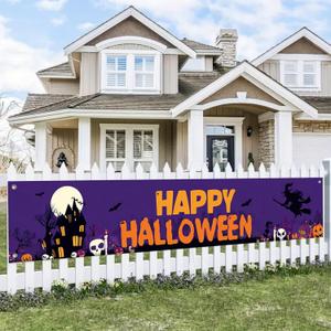 2 x Halloween Yard Decorations Outdoor Pumpkin Banner Happy Halloween Sign Witch Bat Skull Ghost Scene 118x20 Inch Haunted House Backdrop for Fence Porch Lawn Wall Party Decor