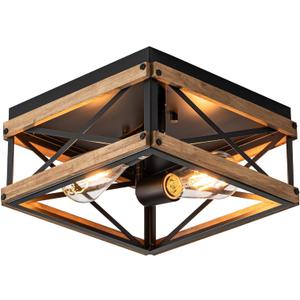 Mayful Black Flush Mount Ceiling Light, 2-Light Rustic Farmhouse Fixture with Metal & Wood Frame, Dimmable Close-to-Ceiling Lighting for Kitchen Bedroom Living Room Hallway Entryway