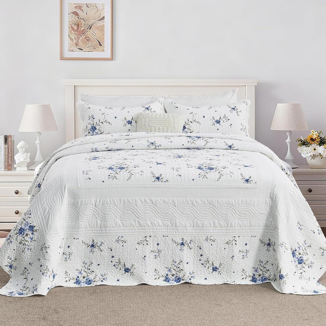 Floral Bedspread 102"x120" Oversized Queen Quilt, 100% Cotton Oversized Queen Bedspread Coverlet Set with 2 Pillow Shams, Lightweight Farmhouse Quilted Comforter, White/Blue/Green, 3 Pcs