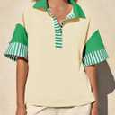 Fisoew Womens Color Block Sweatshirts Casual Short Sleeve Collared V Neck Slit Loose Summer T Shirts (Yellow)