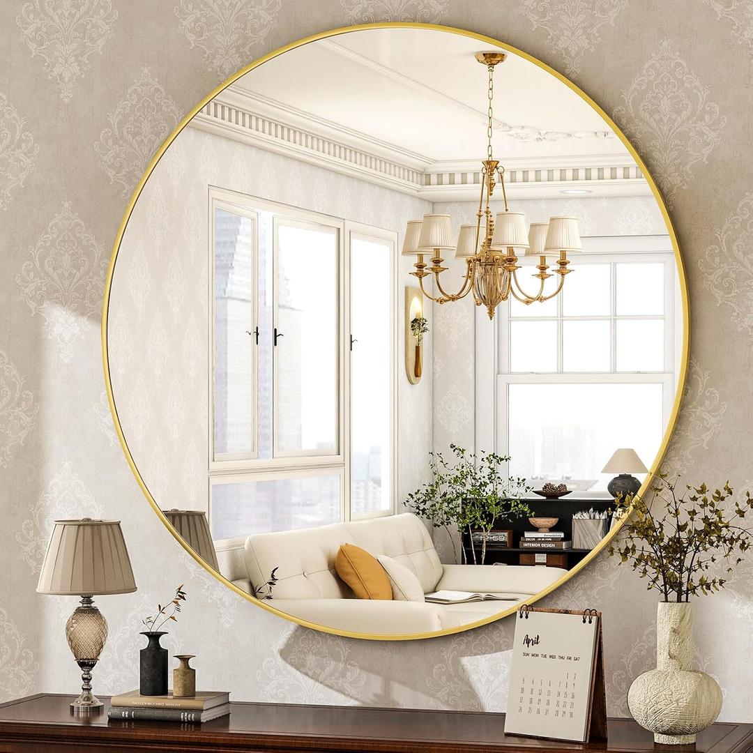 HARRITPURE Round Mirror 30 Gold Wall Mounted Circle Mirrors Vanity Mirror with Brushed Aluminum Alloy Frame Modern Decoration for Bathroom, Living Room, Vanity, Bedroom, Entryway