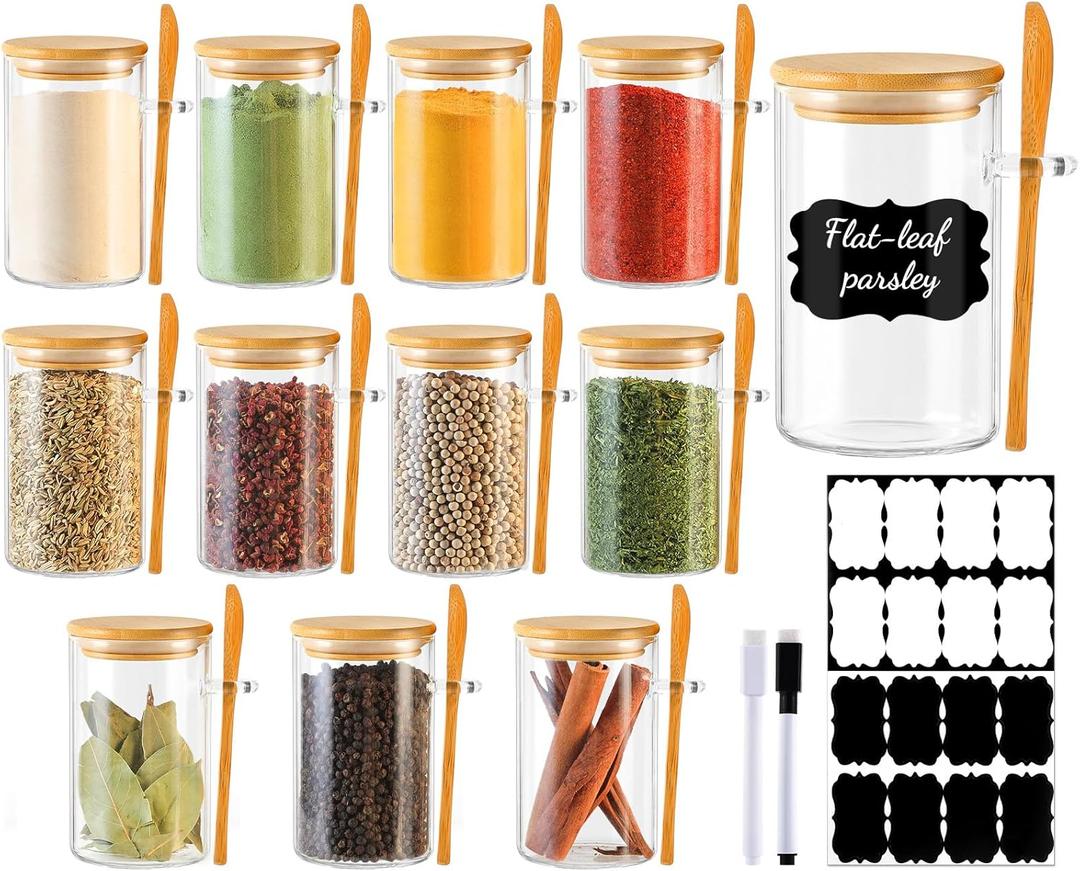 12 Pack 8 oz Round Glass Spice Jars with Lids and Spoons  Airtight Small Spice Containers Set with Labels, Clear Glass Storage Jars for Seasoning, Spices, Kitchen Pantry Organization