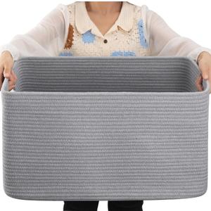 OIAHOMY 75L Large Blanket Basket, Woven Blanket Storage Basket with Handle, Cotton Rope Basket for Organizing 22x17x12, Blanket Basket living Room, Toy Basket for Nursery, Grey