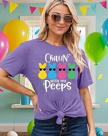 Happy Easter Shirts for Women Funny Rabbit Bunny Shirt Easter Short Sleeve Holiday Tee Tops, M