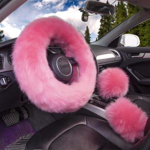 Yontree Cute Fluffy Steering Wheel Covers for Women/Girls/Ladies Australia Pure Wool Universal 15 Inch 1 Set 3 Pcs (Pink), (Long Hair)