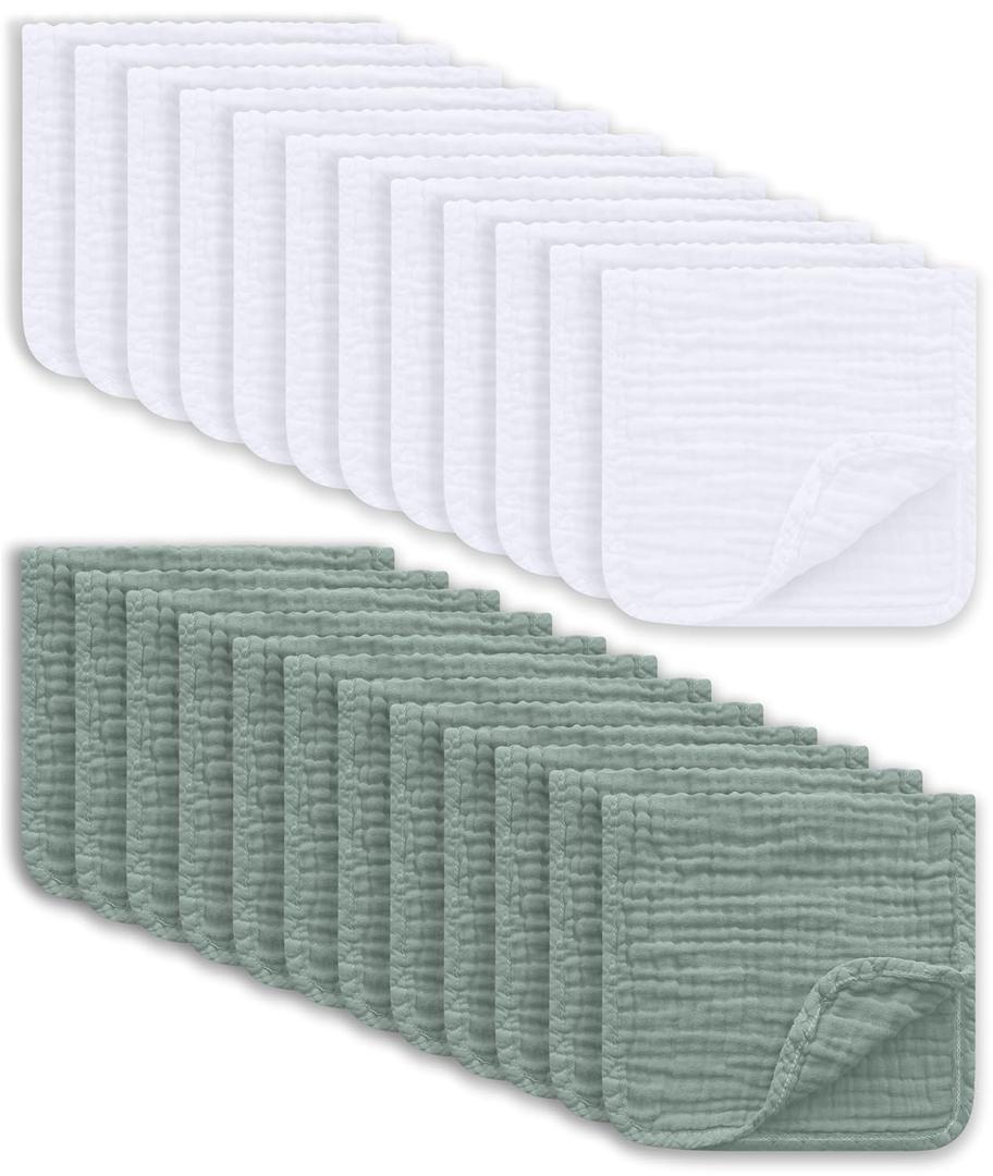 Ease Cubs Muslin Burp Cloths Large 100% Cotton Hand Washcloths for Boys & Girls, Baby Essentials Extra Absorbent and Soft Burping Rags for Newborn Registry (White & Green, 24-Pack, 20" X10")